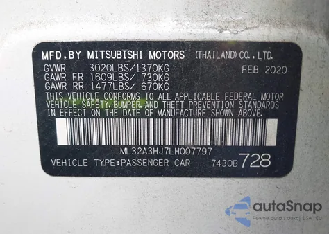 2020 Mitsubishi Mirage Es/Se z USA, uszkodzony, nr VIN ML32A3HJ7LH007797